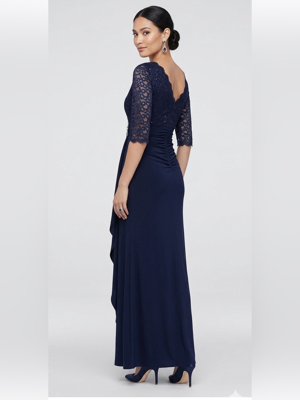 Betsy & Adam Women's Long 3/4 Sleeve V-Neck Lace Sheer Matte Jersey Gown 12 Navy